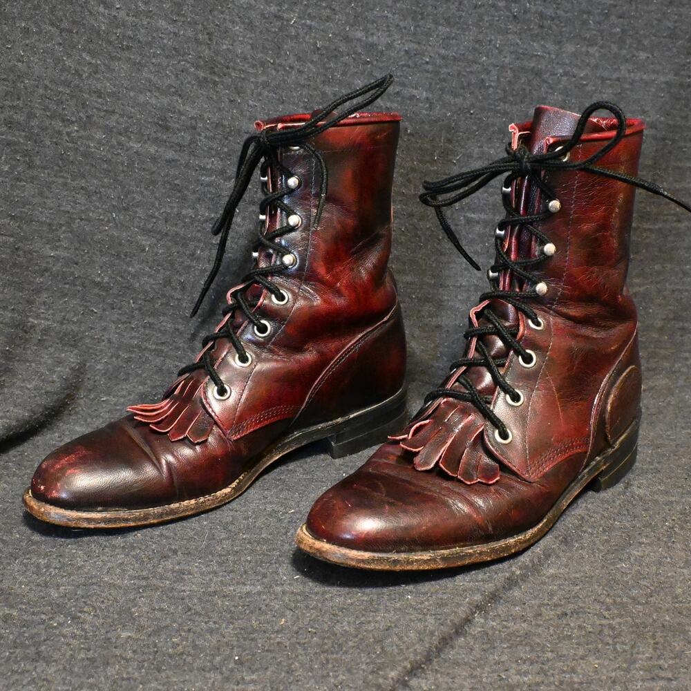 Justin Women's 5C Lace-Up Leather Burgundy Boots Kiltie Fringe Western